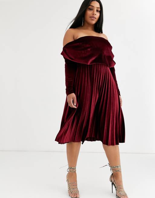 Pleated velvet 2024 bardot midi dress