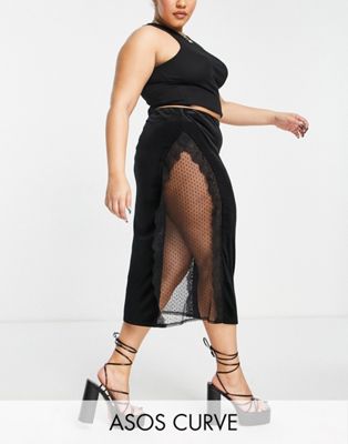 ASOS DESIGN Curve velvet midi skirt with lace inserts in black