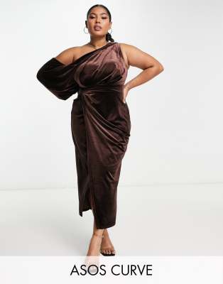 Asos Design Curve Velvet One Shoulder Draped Midi Pencil Dress In Rust-Brown