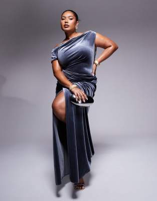 ASOS Curve ASOS DESIGN Curve velvet premium asymmetric drape detail maxi dress with side split in charcoal-Navy