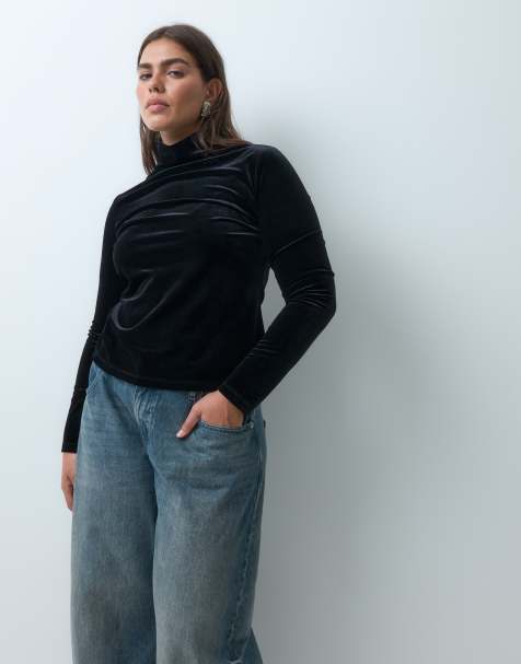 ASOS DESIGN Curve velvet roll neck top in black - view 1