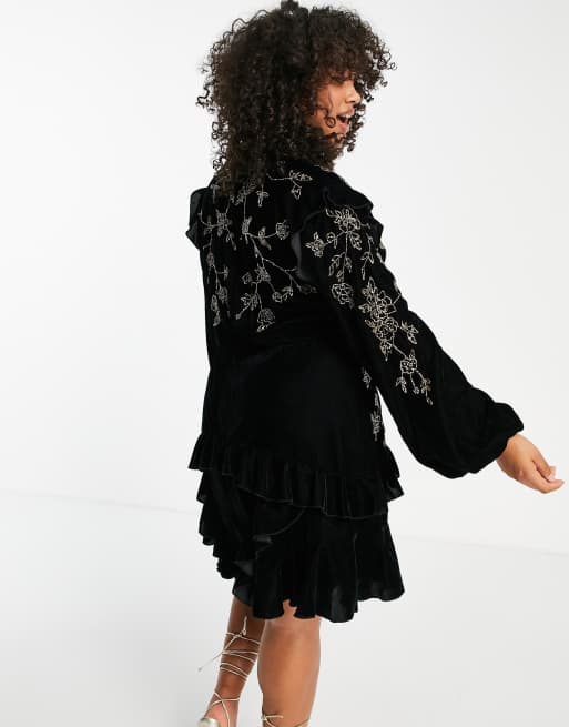 ASOS DESIGN Curve velvet ruffle mini dress with stencil floral embellishment and open back, 2 of 4