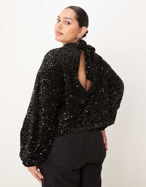 ASOS DESIGN Curve velvet sequin open back long sleeve blouse in black - view 1