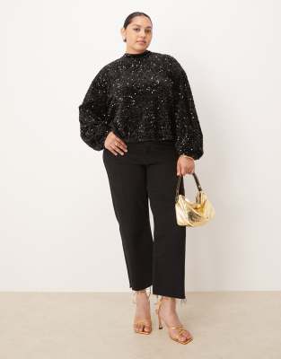 Asos Curve Asos Design Curve Velvet Sequin Open Back Long Sleeve Blouse In Black