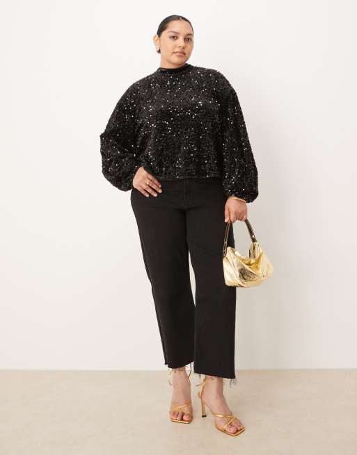 ASOS DESIGN Curve velvet sequin open back long sleeve blouse in black