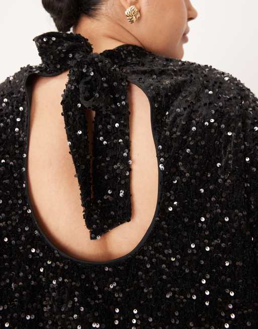 ASOS DESIGN Curve velvet sequin open back long sleeve blouse in black, 3 of 4