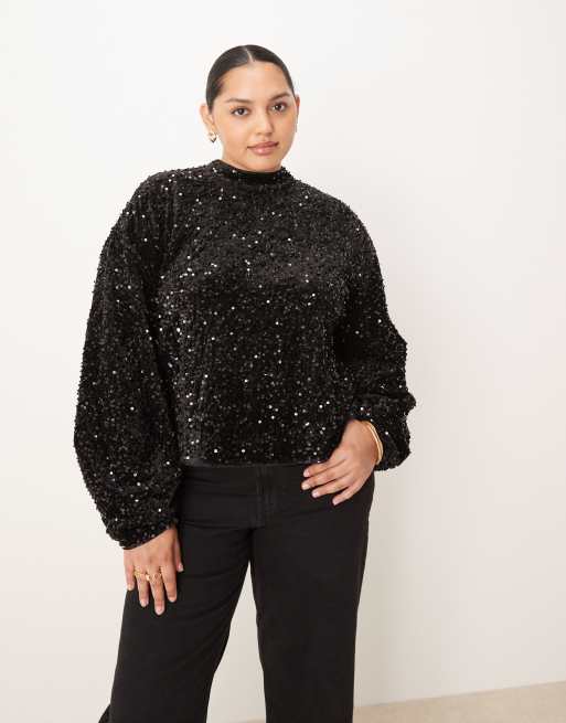 ASOS DESIGN Curve velvet sequin open back long sleeve blouse in black