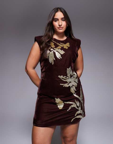 ASOS DESIGN Curve velvet shoulder pad mini dress with floral embellishment in mulberry - view 1