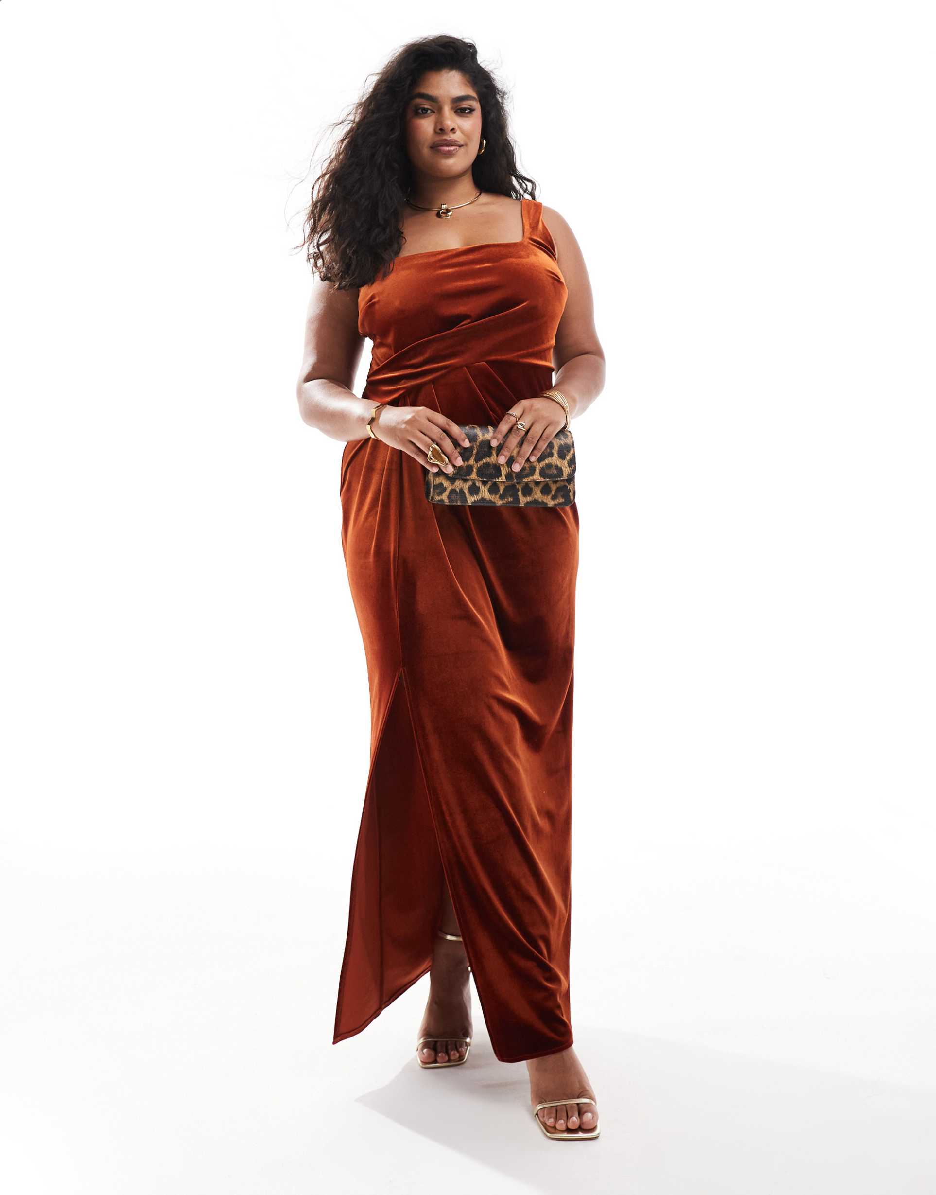 asos design curve velvet square neck maxi dress with drape skirt in rust