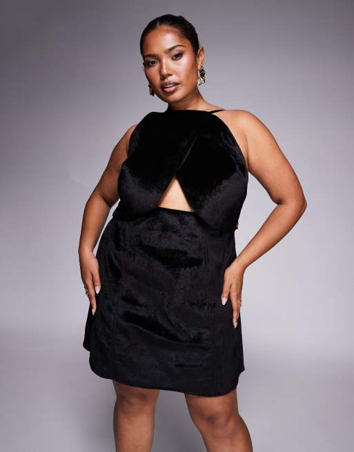 ASOS DESIGN Curve velvet structured mini dress with cutwork embellishment in black