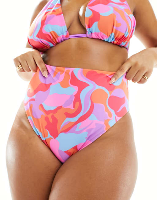 ASOS DESIGN Curve - Vendbare bikinitrusser med høj benskæring og høj talje i abstrakt print, 2 af 4