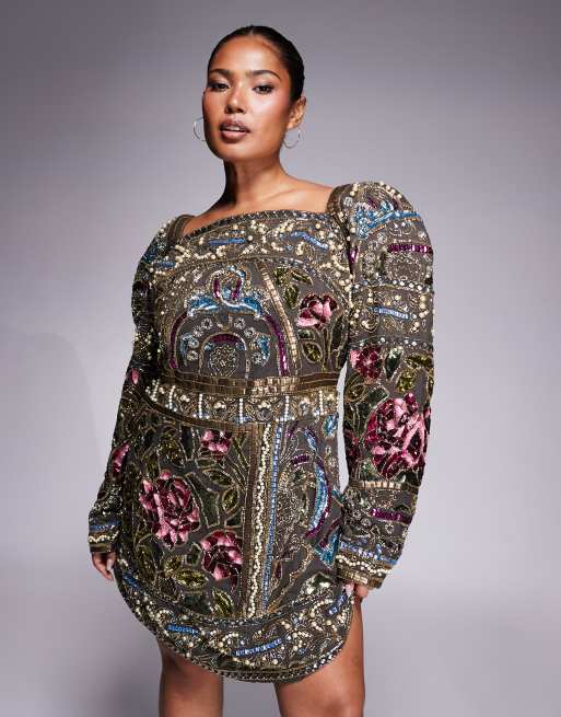 ASOS DESIGN Curve - Versierde mini-jurk met hoge halslijn en pofmouwen in multi, 2 van 4