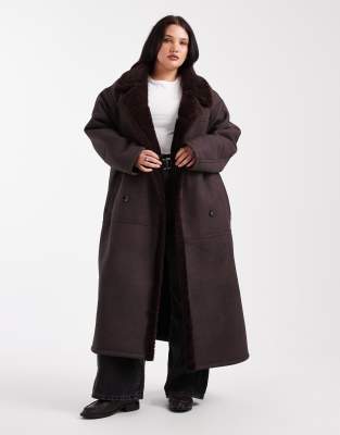 ASOS DESIGN Curve - Verstärkte Longline-Jacke in Pflaume mit Teddyfell-Lila
