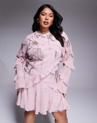 ASOS DESIGN Curve - Verziertes Minikleid in Staubrosa mit Rüschen, ungesäumten Kanten und Rückenausschnitt