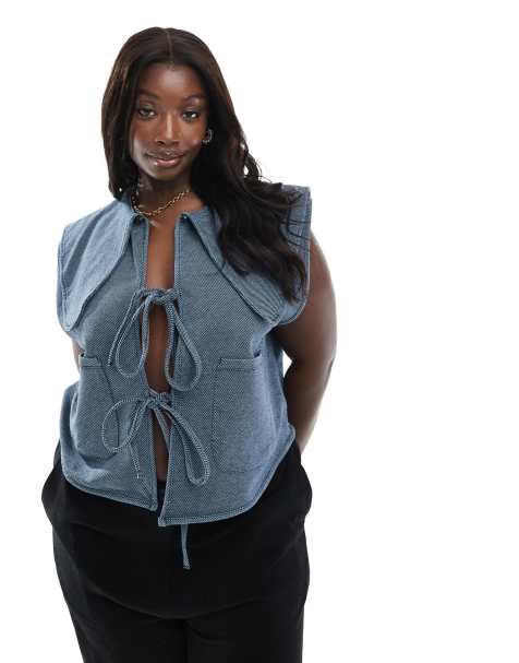 ASOS DESIGN Curve - Vest med Peter Pan-krave og bindebånd fortil i denimlook - view 1