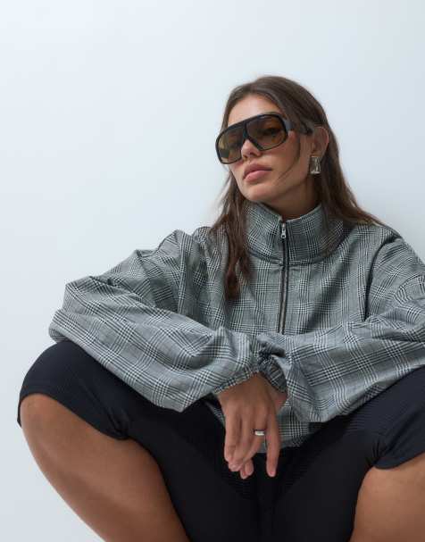 ASOS DESIGN Curve veste coupe-vent à demi-zip brossée à carreaux monochromes - view 1