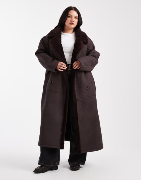 ASOS DESIGN Curve - Veste longue contrecollée imitation peau de mouton - Prune - view 1