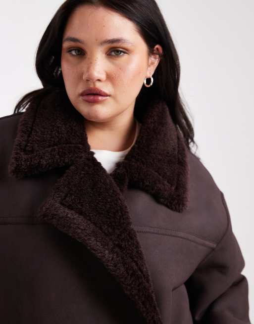 ASOS DESIGN Curve - Veste longue contrecollée imitation peau de mouton - Prune, 3 de 4