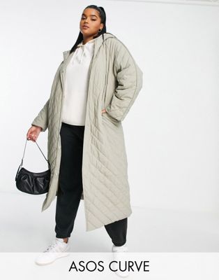 ASOS DESIGN Curve longline chevron quilted jacket with borg lining in stone - ASOS Price Checker