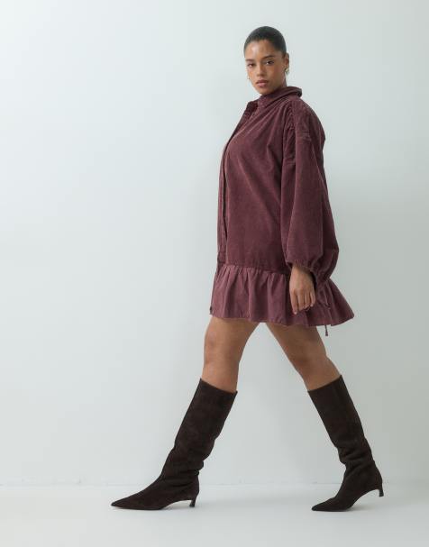 ASOS DESIGN Curve - vestido camisero mini híbrido de pana con manga abullonada y bajo de voile en burdeos lavado - view 1