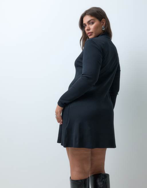 ASOS DESIGN Curve vestido corto de canalé de algodón con bajo ondulado en negro, 3 de 5