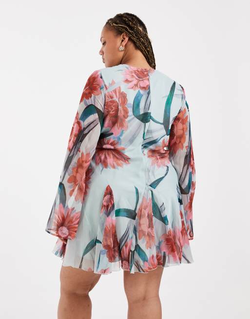 ASOS DESIGN Curve - Vestido corto de manga larga con estampado floral, 2 de 4