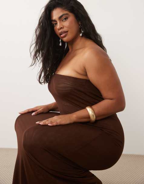 ASOS DESIGN Curve - Vestido largo marrón chocolate con escote palabra de honor de malla transparente - view 1