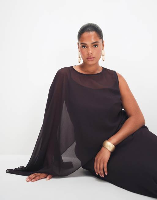 ASOS DESIGN Curve - Vestido largo marrón chocolate oscuro asimétrico con mangas murciélago drapeadas, 2 de 8
