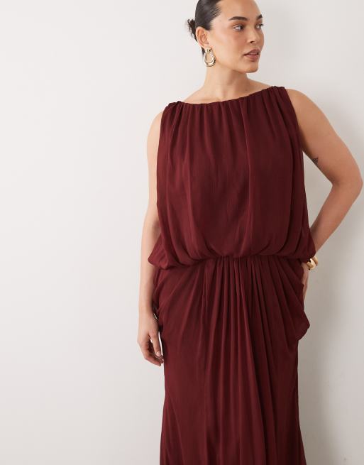 ASOS DESIGN Curve - vestido maxi blusón con drapeado y espalda baja en chocolate caliente, 3 de 4