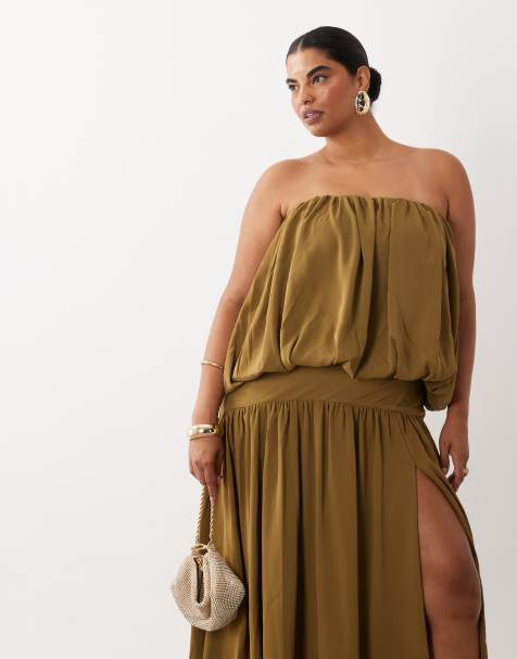 ASOS DESIGN Curve - vestido maxi con palabra de honor, falda globo y vuelo en verde oliva oscuro - view 1