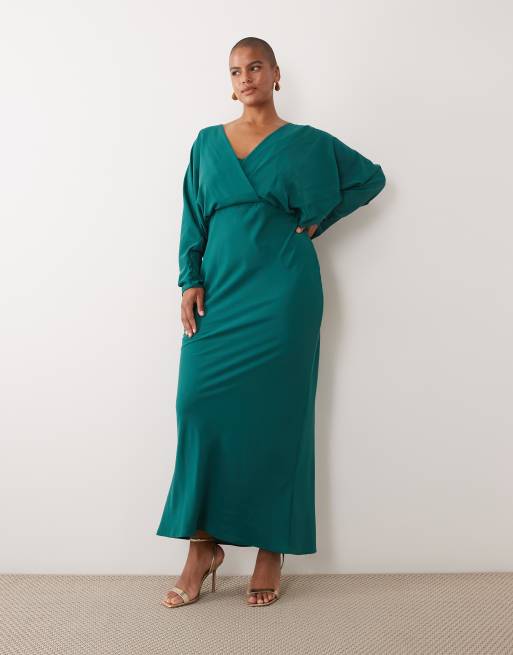 ASOS DESIGN Curve vestido maxi cruzado con mangas murciélago en verde azulado, 2 de 4
