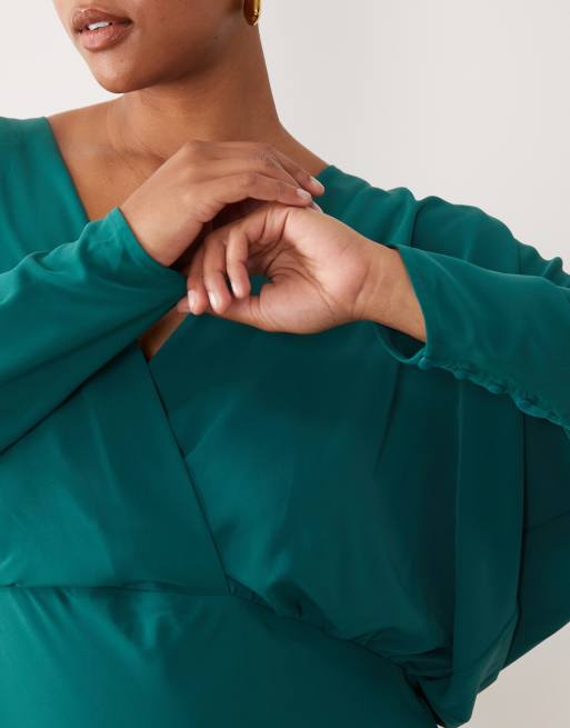 ASOS DESIGN Curve vestido maxi cruzado con mangas murciélago en verde azulado, 3 de 4