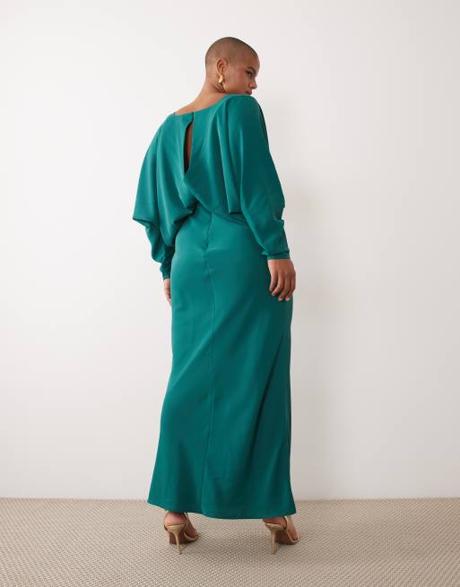 ASOS DESIGN Curve vestido maxi cruzado con mangas murciélago en verde azulado, 4 de 4
