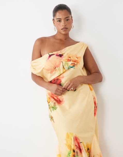 ASOS DESIGN Curve - vestido midaxi con hombros caídos y bajo godet asimétrico con estampado floral suave - view 1