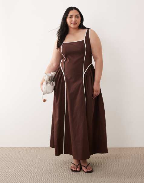 ASOS DESIGN Curve - Vestido midi marrón chocolate con escote cuadrado, pecho moldeado y ribetes en contraste - view 1