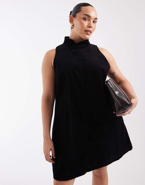 ASOS DESIGN Curve vestido mini de pana sin mangas con cuello alzado en negro - view 1