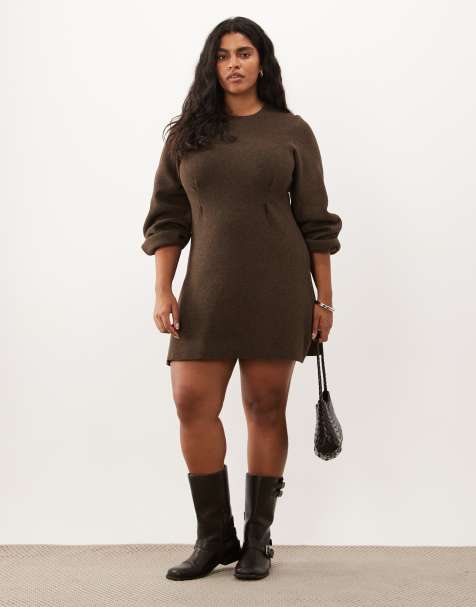 ASOS DESIGN Curve - vestido mini entallado en la cintura en chocolate - view 1
