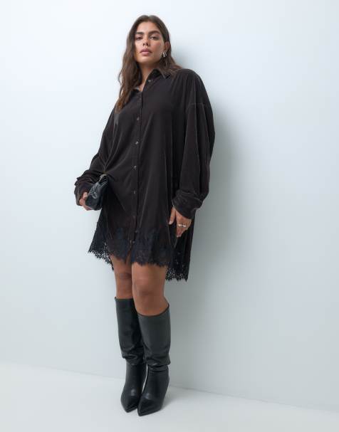 ASOS DESIGN Curve vestido mini estilo camisa extragrande de terciopelo con bajo de encaje en terciopelo negro - view 1