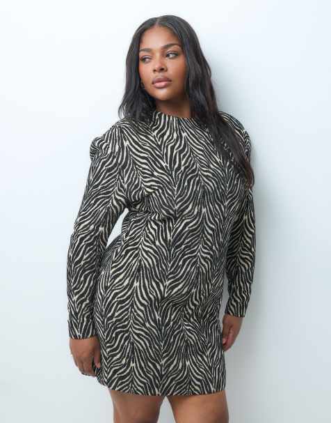 ASOS DESIGN Curve - vestido mini estructurado con hombros muy marcados y jacquard animal de cebra - view 1