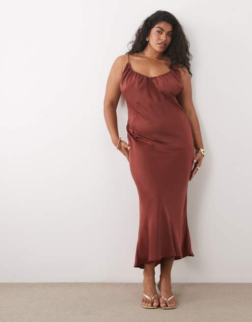 ASOS DESIGN Curve - Vestido semilargo color óxido de corte al bies con cuello ancho