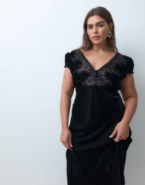 ASOS DESIGN Curve vestido tea largo de terciopelo con encaje en negro - view 1