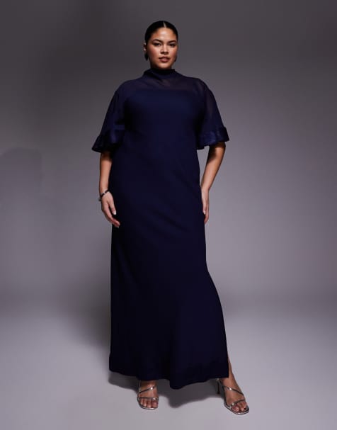 ASOS DESIGN Curve - Vestito a colonna in chiffon e raso color blu navy a contrasto con mezze maniche ampie - view 1