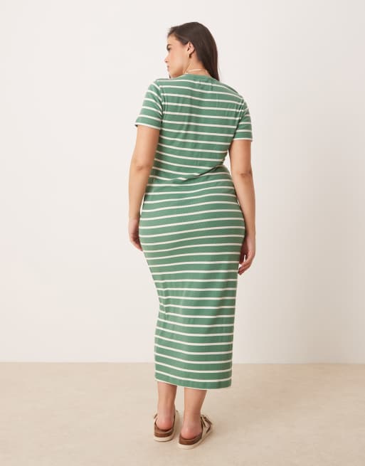 ASOS DESIGN Curve - Vestito a coste a righe con scollo rotondo, maniche ad aletta e gonna al polpaccio, 4 di 4