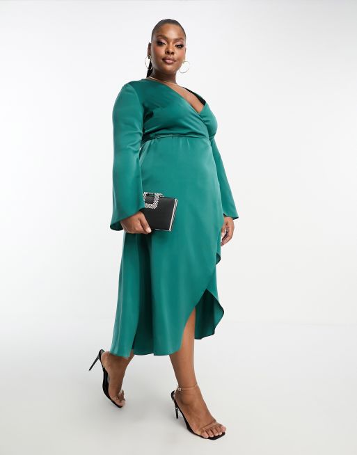 ASOS DESIGN Curve Vestito a portafoglio in raso verde azzurro allacciato in vita con taglio sbieco