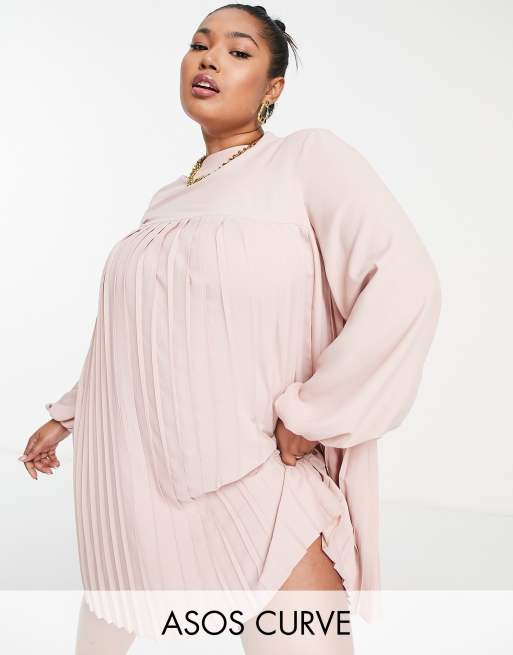 ASOS DESIGN Curve - Vestito a trapezio corto accollato a pieghe color cipria