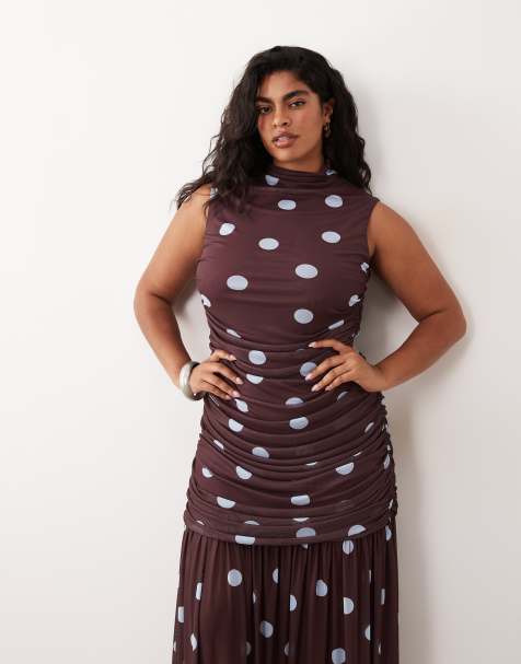 ASOS DESIGN Curve - Vestito accollato blu a pois arricciato con vita scesa - view 1