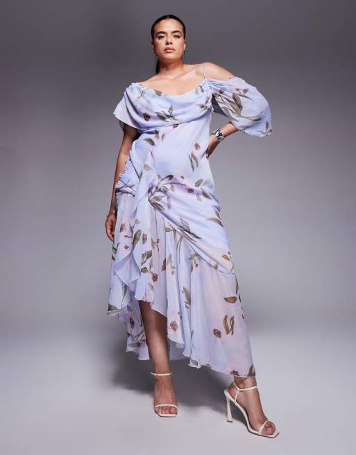 ASOS DESIGN Curve - Vestito al polpaccio con scollo ad anello taglio sbieco e peplo asimmetrico blu con stampa a fiori