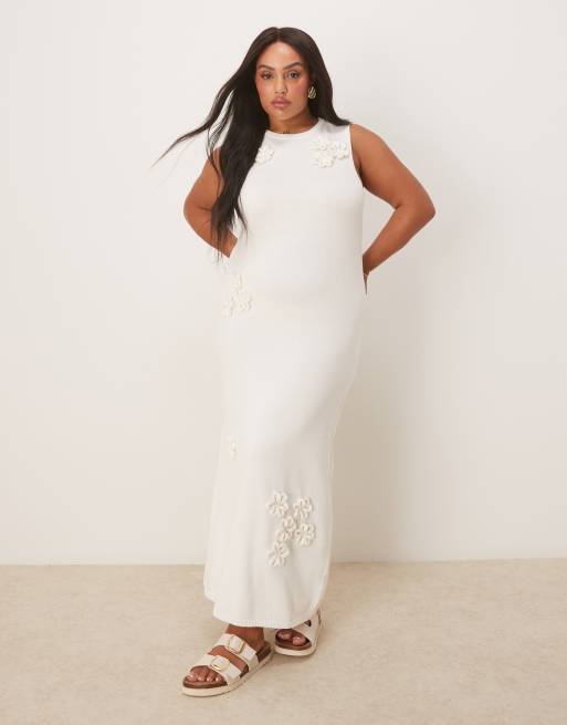 ASOS DESIGN Curve - Vestito bianco in maglia con dettagli floreali applicati e gonna al polpaccio