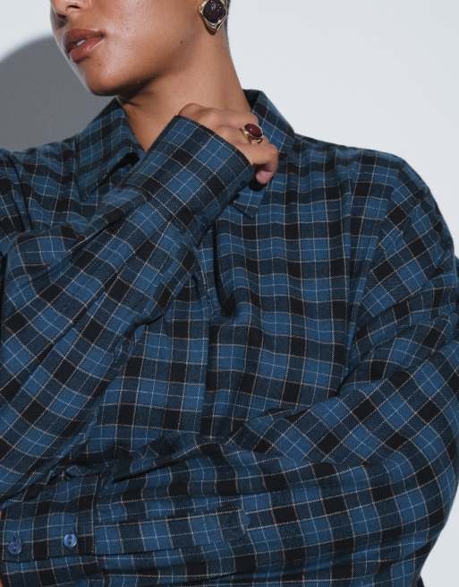 ASOS DESIGN Curve - Vestito camicia boyfriend corto blu navy a quadri con sciarpa multiuso, 2 di 8