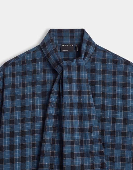 ASOS DESIGN Curve - Vestito camicia boyfriend corto blu navy a quadri con sciarpa multiuso, 7 di 8